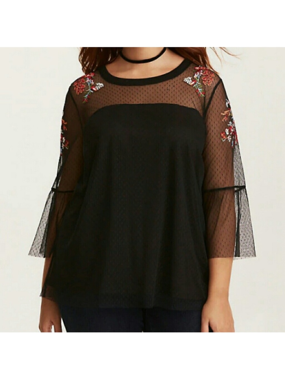 Torrid Black Sheer Floral Embroidered Flare Sleeve Mesh Top Size 2X